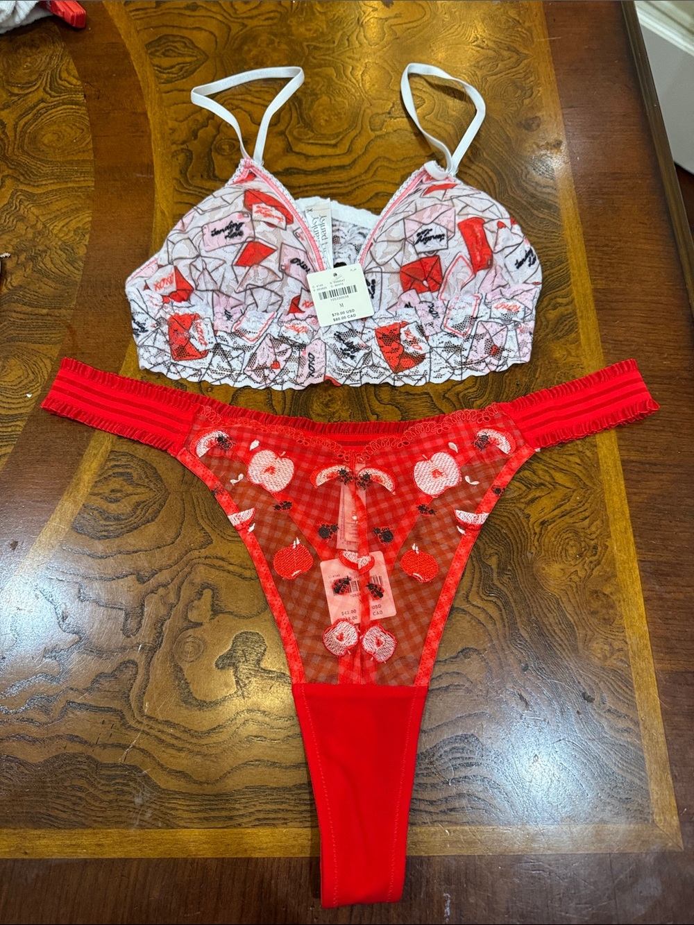 Anthropologie Red & White Lace Bralette and Sheer Thong Set